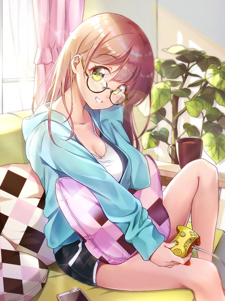 Anime picture 1200x1600 with original maronie. single long hair tall image looking at viewer blush fringe breasts smile brown hair sitting holding green eyes cleavage indoors open jacket grin lens flare hand on face