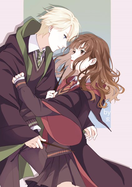 Anime picture 874x1240 with harry potter hermione granger draco malfoy juni gen long hair tall image fringe short hair blue eyes blonde hair brown hair brown eyes profile couple eye contact girl boy uniform school uniform wand
