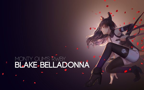 Anime picture 1920x1200 with rwby rooster teeth blake belladonna ask (askzy) assassinwarrior single long hair fringe highres black hair simple background sitting bare shoulders holding yellow eyes looking away cleavage full body bent knee (knees) profile