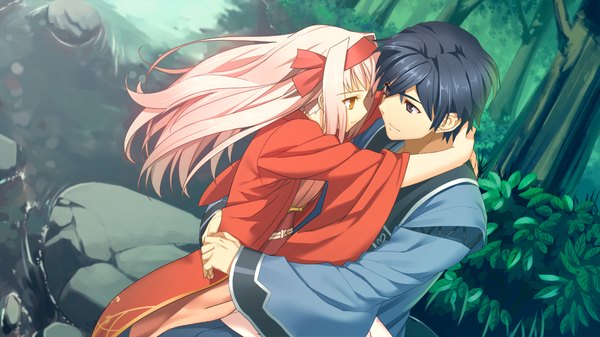 Anime picture 1280x720 with sengoku hime 5 long hair short hair black hair wide image brown eyes pink hair game cg traditional clothes black eyes couple river girl boy plant (plants) tree (trees) hairband