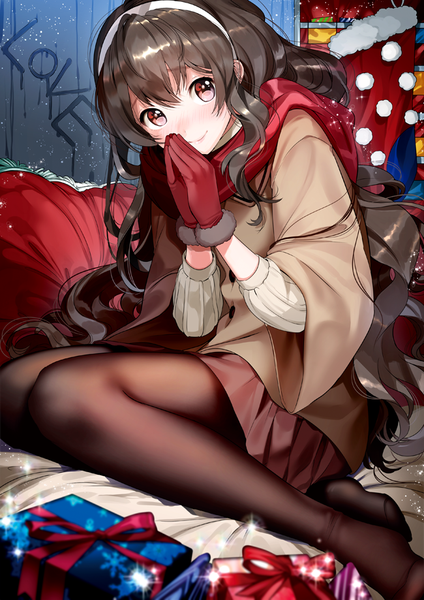 Anime picture 650x919 with original yanyo (ogino atsuki) single long hair tall image looking at viewer blush fringe black hair smile hair between eyes red eyes sitting pleated skirt inscription wide sleeves sparkle embarrassed fur trim text