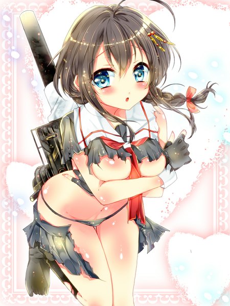 Anime picture 800x1067 with kantai collection shigure destroyer bariko single long hair tall image looking at viewer blush breasts open mouth blue eyes light erotic simple background brown hair white background ahoge braid (braids) midriff torn clothes single braid