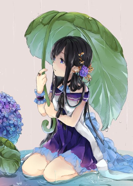 Anime picture 860x1200 with original ao no neko single long hair tall image fringe blue eyes black hair sitting outdoors parted lips grey background kneeling partially submerged rain minigirl girl dress hair ornament flower (flowers)