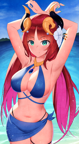 Anime picture 2216x4000 with genshin impact nilou (genshin impact) bluerabbit gap single long hair tall image looking at viewer blush fringe highres breasts light erotic large breasts twintails sky cloud (clouds) outdoors red hair blunt bangs nail polish
