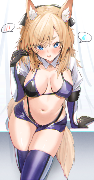 Anime-Bild 1564x3000 mit arknights whislash (arknights) horn/wood single long hair tall image looking at viewer blush fringe breasts open mouth blue eyes light erotic blonde hair large breasts standing animal ears tail animal tail arm support