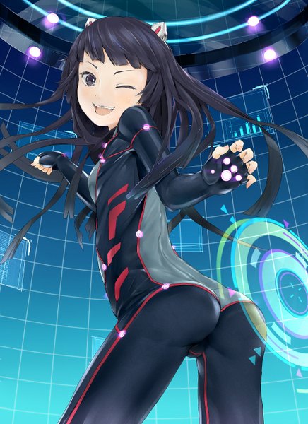 Anime picture 1020x1401 with guilty crown production i.g tsugumi shouin single long hair tall image looking at viewer open mouth light erotic black hair smile one eye closed wink black eyes girl fingerless gloves bodysuit