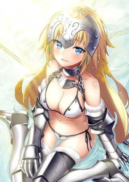 Anime picture 626x884 with fate (series) fate/grand order fate/apocrypha jeanne d'arc (fate) (all) jeanne d'arc (fate) heirou single long hair tall image looking at viewer blush breasts open mouth blue eyes light erotic blonde hair large breasts sitting from above wariza