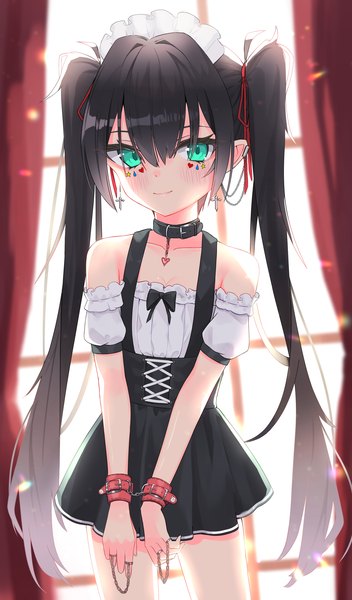 Anime picture 1200x2047 with original 333shishishi333 single long hair tall image blush fringe black hair smile hair between eyes standing twintails bare shoulders green eyes pointy ears blurry facial mark lacing girl skirt