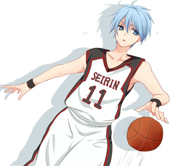 Anime picture 1000x928 with kuroko no basket production i.g kuroko tetsuya chi yu single short hair blue eyes simple background white background blue hair looking away parted lips shadow sweat clothes writing basketball boy uniform gym uniform ball