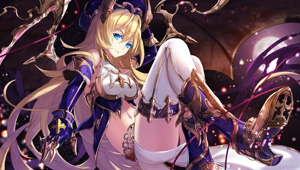 Anime picture 800x454 with yuuki kira single long hair looking at viewer fringe breasts blue eyes light erotic blonde hair wide image head tilt horn (horns) night bare belly lens flare eyebrows demon wings girl thighhighs skirt