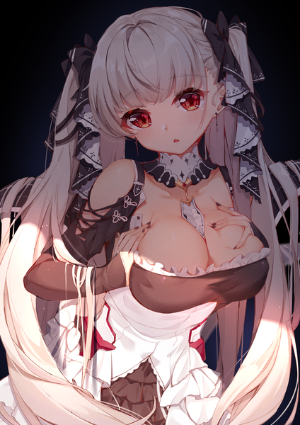 Anime picture 1600x2263 with azur lane formidable (azur lane) nahaki single long hair tall image looking at viewer blush fringe breasts open mouth light erotic simple background red eyes large breasts standing twintails cleavage silver hair blunt bangs