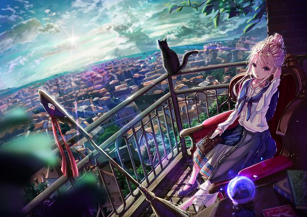 Anime picture 1000x707 with original 108tooya single long hair fringe open mouth blonde hair sitting sky cloud (clouds) pink eyes from above sunlight city adjusting hair cityscape girl animal shoes book (books)