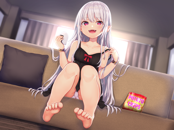 Anime picture 1280x960 with original wowoguni single long hair looking at viewer blush fringe open mouth light erotic smile hair between eyes sitting holding full body white hair indoors :d pink eyes barefoot pointy ears