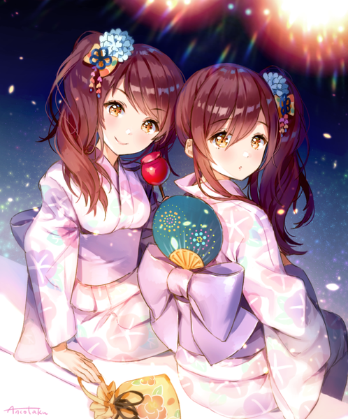 Anime picture 830x1000 with idolmaster idolmaster shiny colors oosaki amana oosaki tenka ancotaku long hair tall image looking at viewer blush fringe breasts smile hair between eyes brown hair sitting multiple girls holding signed yellow eyes traditional clothes