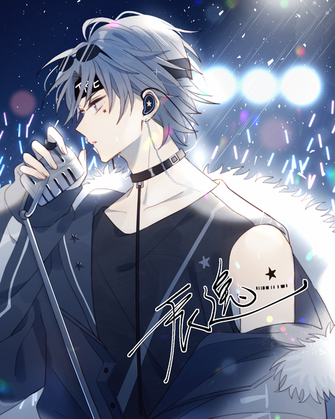 Anime picture 1280x1600 with original uri (513321347) single tall image short hair blue eyes holding looking away upper body profile grey hair off shoulder open jacket tattoo fur trim facial mark sunglasses on head concert boy jacket