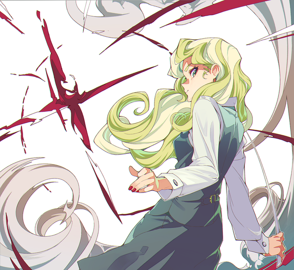 Anime picture 1020x937 with little witch academia studio trigger diana cavendish kamameshi gougoumaru single long hair looking at viewer blue eyes blonde hair nail polish profile from below girl shirt white shirt