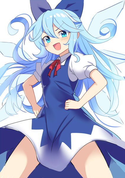 Anime picture 1000x1418 with touhou cirno e.o. single long hair tall image fringe open mouth blue eyes hair between eyes blue hair :d from below puffy sleeves alternate hairstyle hands on hips alternate hair length girl dress bow