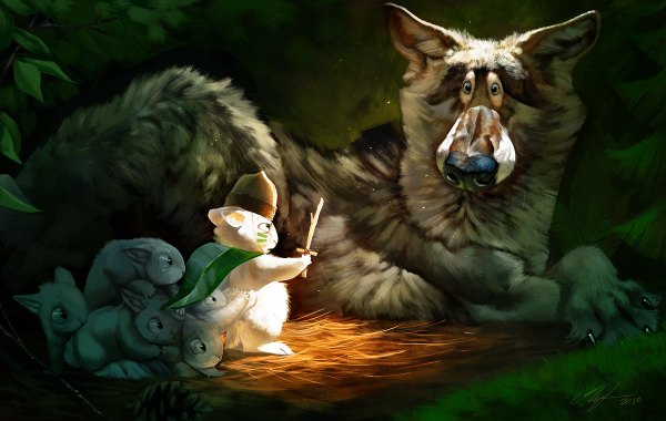 Anime picture 1200x760 with ailah (artist) wallpaper no people face paint animal tree (trees) cloak forest helmet bunny wolf