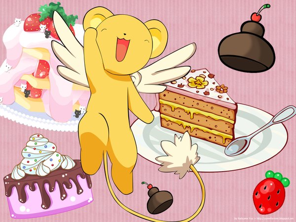 Anime picture 1600x1200 with card captor sakura clamp kero (cardcaptor sakura) smile pink background no people animal wings food sweets berry (berries) cake strawberry plate spoon cupcake