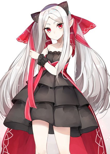 Anime picture 800x1125 with forever 7th capital yui (forever 7th capital) luse maonang single long hair tall image looking at viewer simple background red eyes standing white background twintails bare shoulders holding payot silver hair head tilt pointy ears girl dress