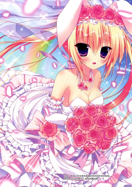 Anime picture 2129x3004 with original hasune single long hair tall image looking at viewer blush highres open mouth blonde hair purple eyes girl dress flower (flowers) petals rose (roses) bouquet wedding dress