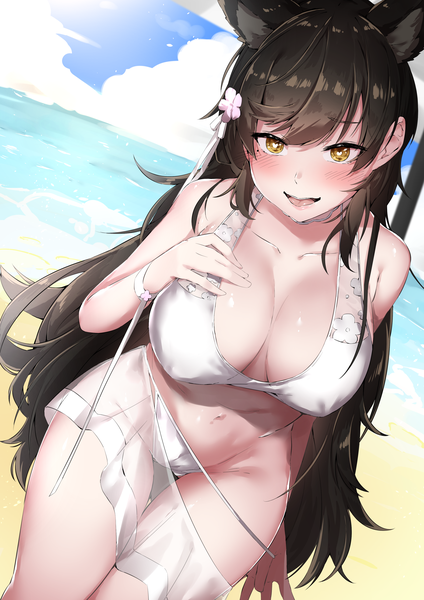 Anime picture 2894x4093 with azur lane atago (azur lane) atago (midsummer march) (azur lane) cotton kanzaki single long hair tall image looking at viewer blush fringe highres breasts open mouth light erotic black hair hair between eyes large breasts animal ears yellow eyes sky