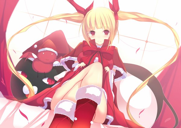 Anime picture 1300x919 with blazblue rachel alucard daiaru single long hair looking at viewer blush blonde hair red eyes twintails bent knee (knees) loli fur trim crossed legs christmas girl dress boots bowtie fur
