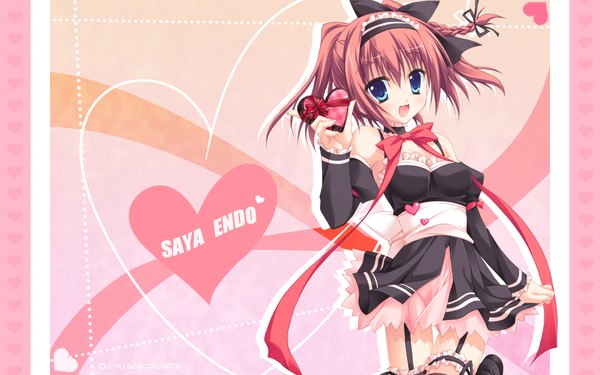 Anime picture 1920x1200 with kisaragi gold star (game) endou saya moribe (rabumanyo) single looking at viewer highres short hair open mouth blue eyes smile brown hair wide image maid wallpaper valentine girl bow hair bow heart gift