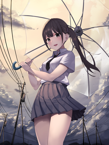 Anime picture 2580x3440 with original star741 single long hair tall image looking at viewer blush fringe highres breasts open mouth black hair smile standing holding payot sky cloud (clouds) outdoors :d