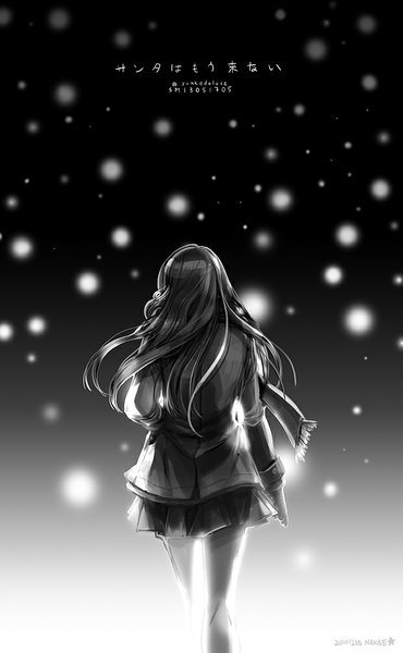 Anime picture 620x1004 with original vocaloid santa wa mou konai (vocaloid) nakbe single long hair tall image signed from behind monochrome snowing winter hand in pocket girl scarf coat