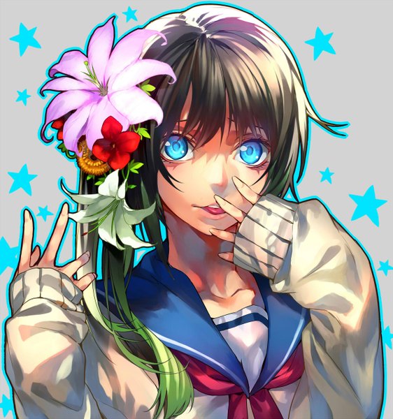 Anime picture 1200x1280 with irohara mitabi single tall image looking at viewer fringe open mouth blue eyes long sleeves multicolored hair hair flower lips two-tone hair girl uniform hair ornament flower (flowers) serafuku