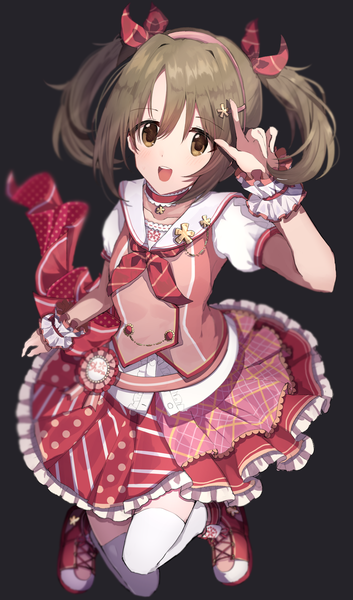 Anime picture 2342x3981 with idolmaster idolmaster cinderella girls idolmaster cinderella girls starlight stage imai kana tirunokiri single tall image looking at viewer highres short hair open mouth simple background brown hair twintails from above black background short twintails sailor collar memorial days girl