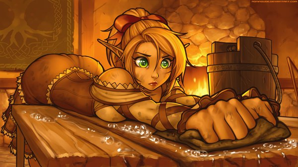 Anime picture 1920x1080 with original lin (ronin dude) ronin dude (ray cornwell) single highres short hair blonde hair wide image green eyes lips pointy ears waitress girl bow hair bow bucket