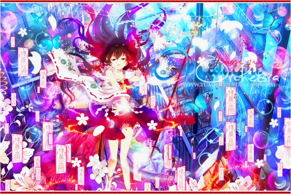 Anime picture 1500x1000 with touhou hakurei reimu yumijii single long hair open mouth red eyes brown hair traditional clothes magic girl dress flower (flowers) bow hair bow detached sleeves insect butterfly bubble (bubbles) staff