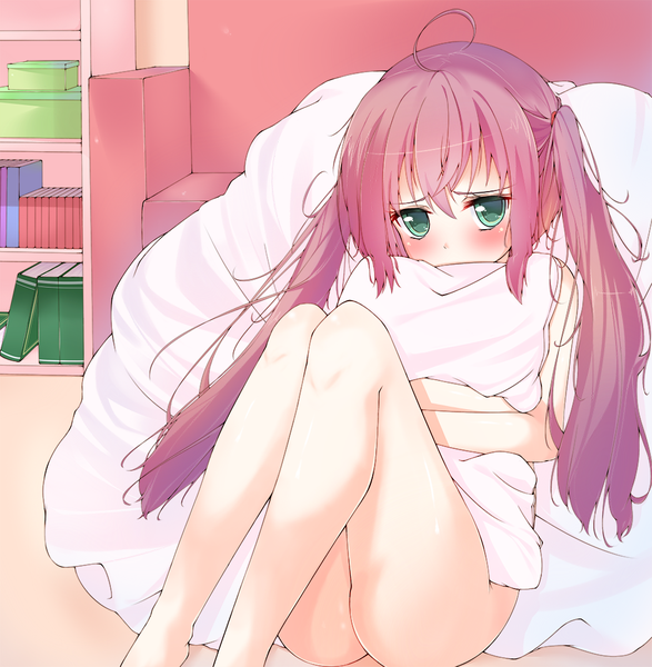 Anime picture 1000x1022 with original tofu1601 long hair tall image blush light erotic twintails green eyes pink hair legs hug girl pillow