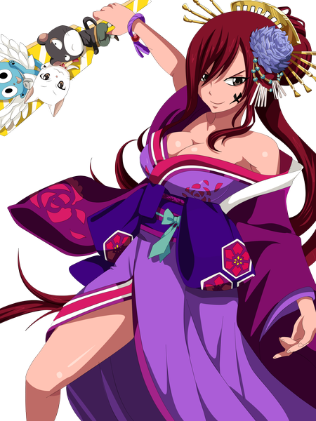 Anime picture 3000x4000 with fairy tail erza scarlet happy (fairy tail) charle (fairy tail) panther lily eikens long hair tall image highres light erotic smile brown eyes red hair traditional clothes japanese clothes hair flower black eyes coloring facial mark transparent background