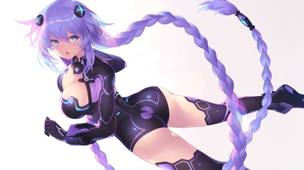 Anime picture 1920x1080 with choujigen game neptune purple heart cait single looking at viewer blush fringe highres breasts light erotic simple background hair between eyes wide image large breasts payot purple hair ass braid (braids) very long hair aqua eyes