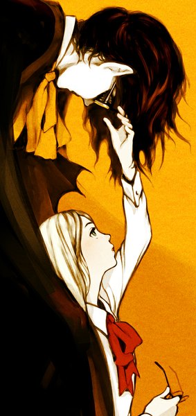 Anime picture 520x1100 with hellsing alucard (hellsing) integra wingates hellsing sapon244 long hair tall image black hair simple background blonde hair green eyes profile outstretched arm orange background girl boy glasses neckerchief
