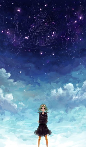 Anime picture 1500x2542 with vocaloid yowamushi mont-blanc (vocaloid) gumi pisuke single tall image highres short hair green eyes cloud (clouds) green hair night tears crying girl glasses serafuku star (stars) knife fork