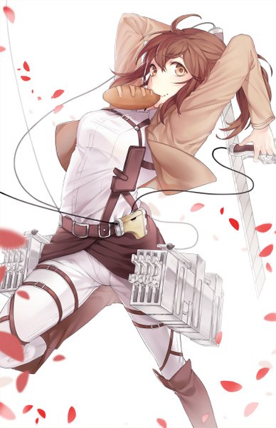 Anime picture 800x1236 with shingeki no kyojin production i.g sasha blouse naguri single tall image looking at viewer short hair simple background brown hair white background holding brown eyes ponytail arms behind head eating dual wielding girl weapon petals