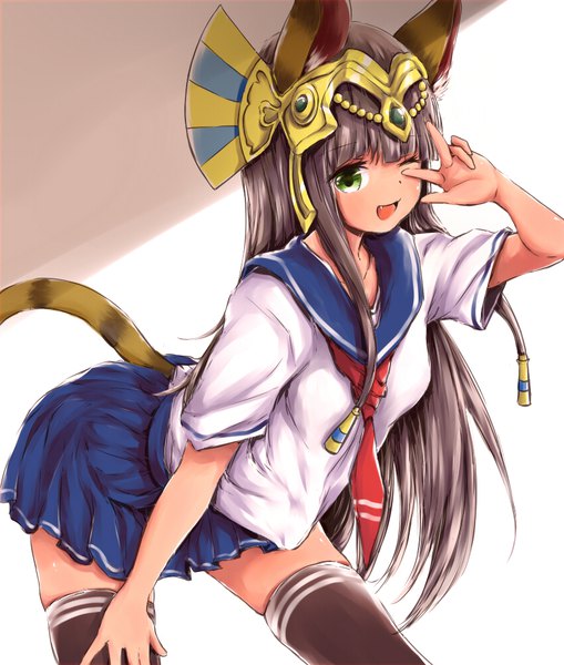 Anime picture 848x1000 with puzzle & dragons bastet (p&d) silver (chenwen) single long hair tall image looking at viewer blush open mouth smile brown hair green eyes animal ears tail animal tail pleated skirt one eye closed cat ears cat tail fang (fangs)
