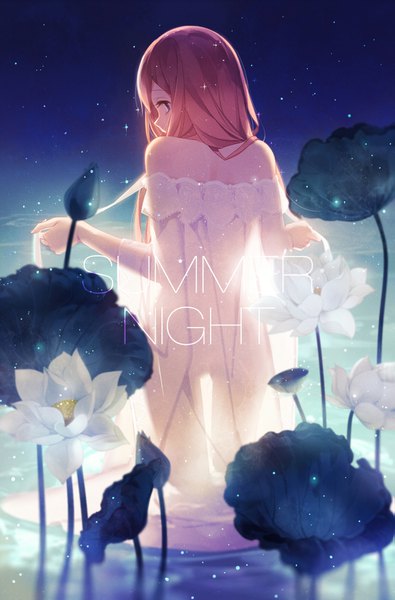 Anime picture 1151x1748 with original cyannism single long hair tall image light erotic blonde hair standing bare shoulders looking back from behind sparkle back see-through silhouette translucent girl flower (flowers) plant (plants) water water lily