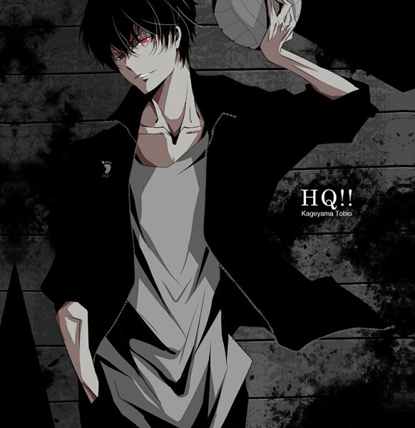 Anime picture 1000x1031 with haikyuu!! production i.g kageyama tobio motoki2211 single tall image looking at viewer short hair black hair smile standing pink eyes light smile inscription grey background copyright name hand in pocket boy cape ball