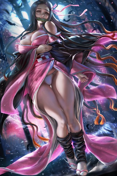 Anime picture 2334x3500 with kimetsu no yaiba ufotable kamado nezuko sakimichan single tall image looking at viewer fringe highres breasts light erotic black hair large breasts standing bare shoulders holding payot cleavage full body outdoors