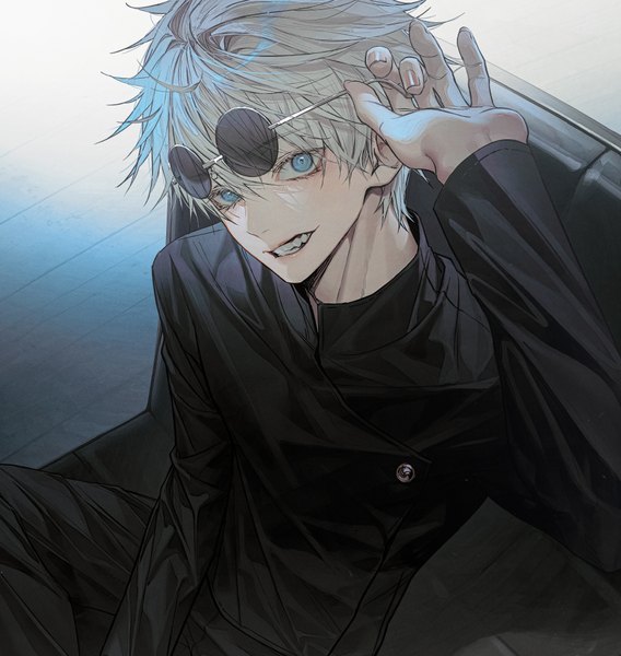 Anime picture 919x971 with jujutsu kaisen mappa gojou satoru wanke single tall image looking at viewer fringe short hair blue eyes hair between eyes sitting silver hair from above sunglasses on head clenched teeth boy uniform sunglasses