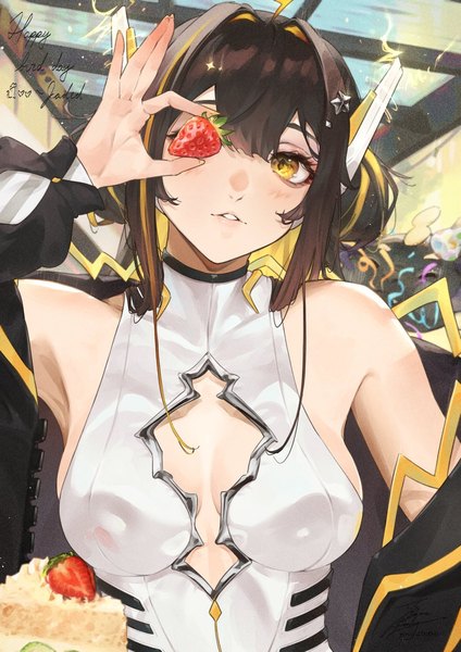 Anime picture 1061x1500 with virtual youtuber idol corp juna unagi fadingz single long hair tall image blush fringe breasts light erotic hair between eyes brown hair bare shoulders holding signed yellow eyes payot looking away upper body