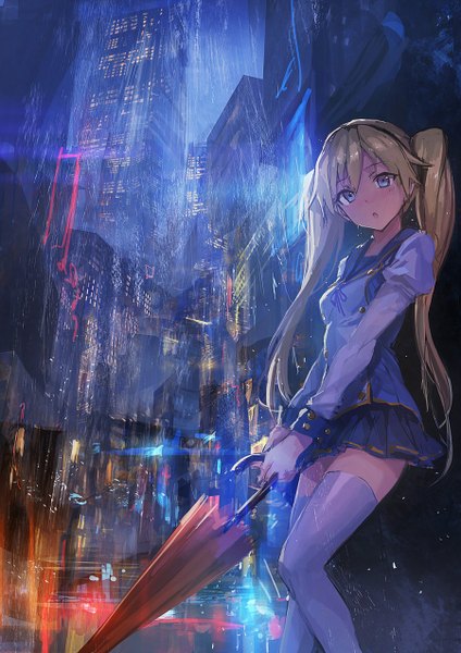 Anime picture 900x1274 with koko ga genkai no oval gakuen tagme (character) lm7 (op-center) single long hair tall image looking at viewer blush blonde hair twintails aqua eyes zettai ryouiki city rain revision city lights closed umbrella girl thighhighs skirt