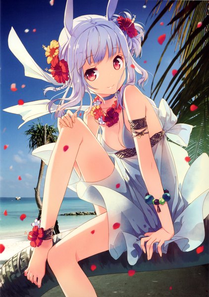 Anime picture 2130x3027 with dj max suee h2so4 single long hair tall image looking at viewer highres red eyes bare shoulders animal ears blue hair hair flower scan beach girl dress hair ornament flower (flowers) plant (plants)