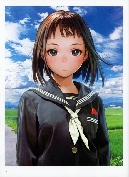 Anime picture 5092x6966 with original futurelog (artbook) range murata single tall image looking at viewer fringe highres short hair brown hair standing green eyes absurdres sky cloud (clouds) outdoors long sleeves wind scan border