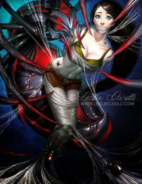 Anime picture 773x1000 with league of legends caitlyn (league of legends) elise (league of legends) enchantress-lele tall image looking at viewer blue eyes black hair bare shoulders very long hair bare belly midriff tattoo bondage girl navel shorts insect short shorts t-shirt